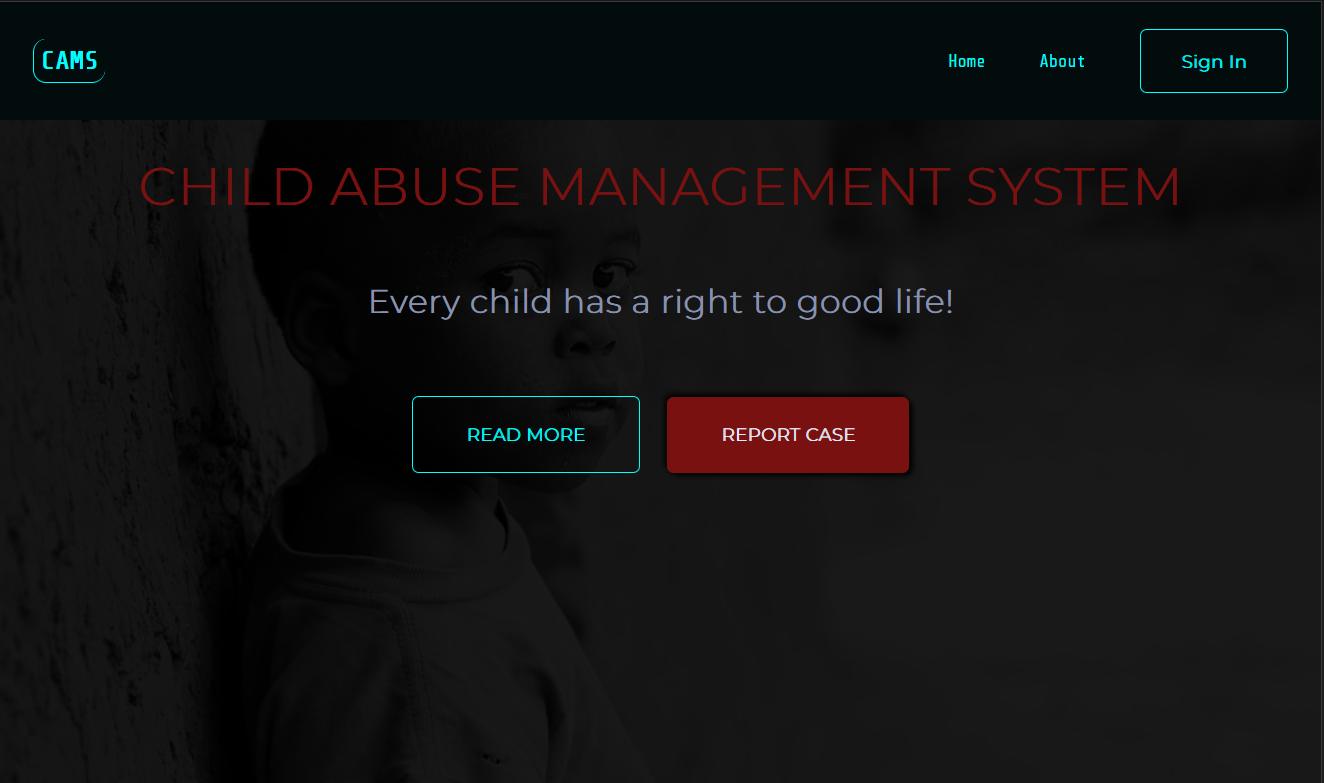 Screenshot of the home page of Child Abuse Management System.